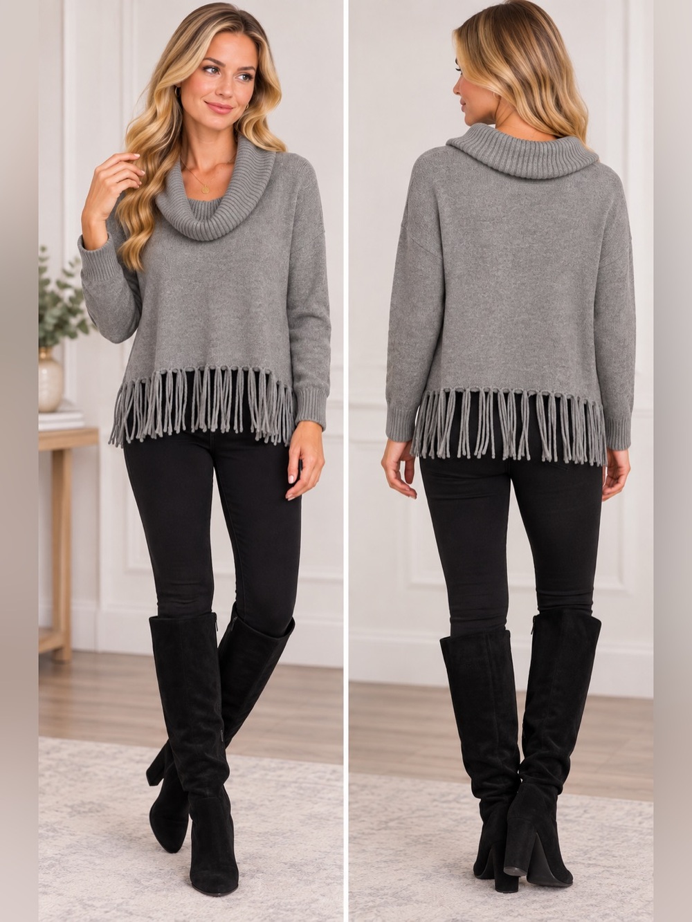 Michael Kors Gray Ribbed Cowl Neck Fringe Sweater